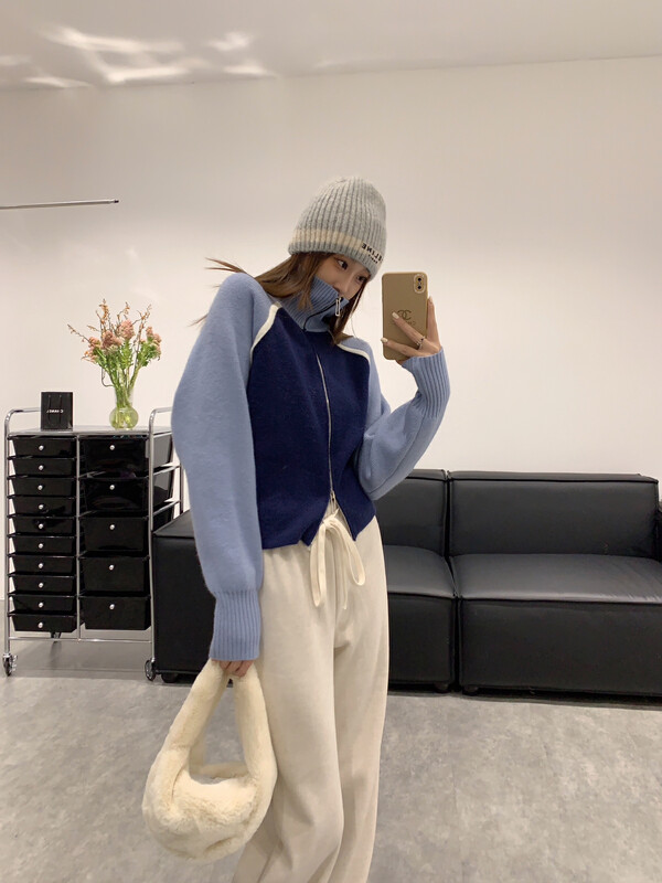 [VANESSA] Contrasting Color Thickened Double Zipper Puller Warm Sweater 8380# OZQ