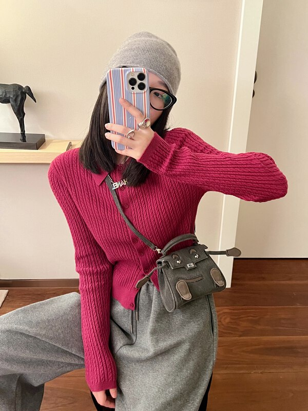 【UNITY】Short winter style slim bottoming temperament top multi-color thread knitted cardigan W220181# CQW