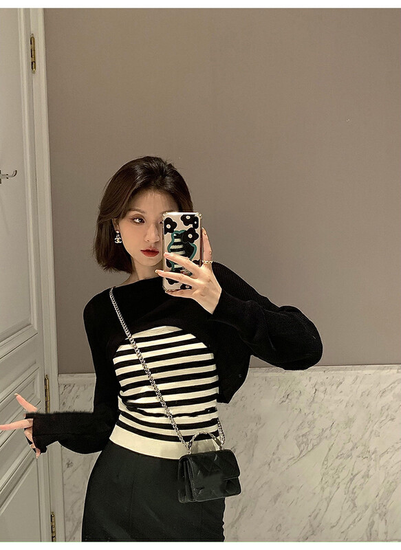 [WGWE] Striped all-match vest + long-sleeved solid color shirt set 2887# FHX
