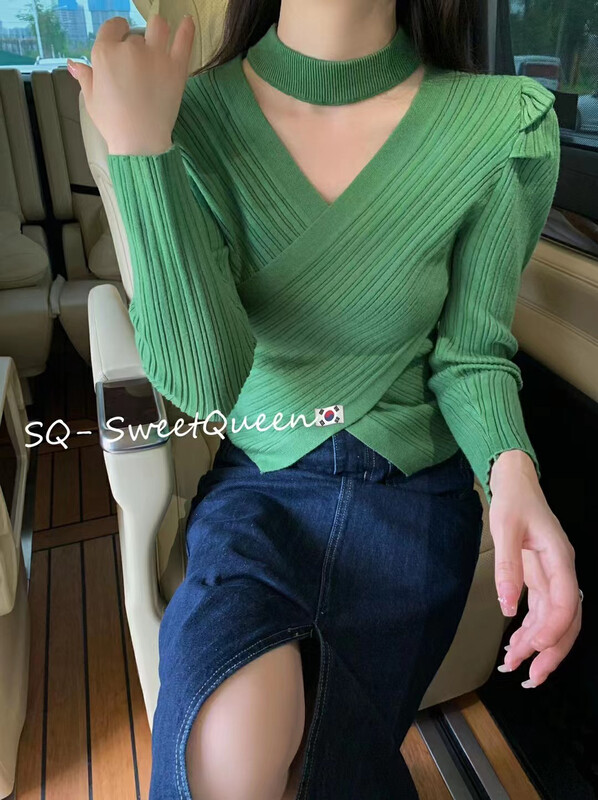 【I-D】Korean Style Temperament Front Cross Irregular Knit Sweater 3325# L