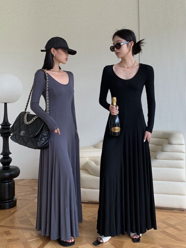 New in autumn!【WGWE】Korean version of high-waist slim-fit U-neck dress 2649# FHX