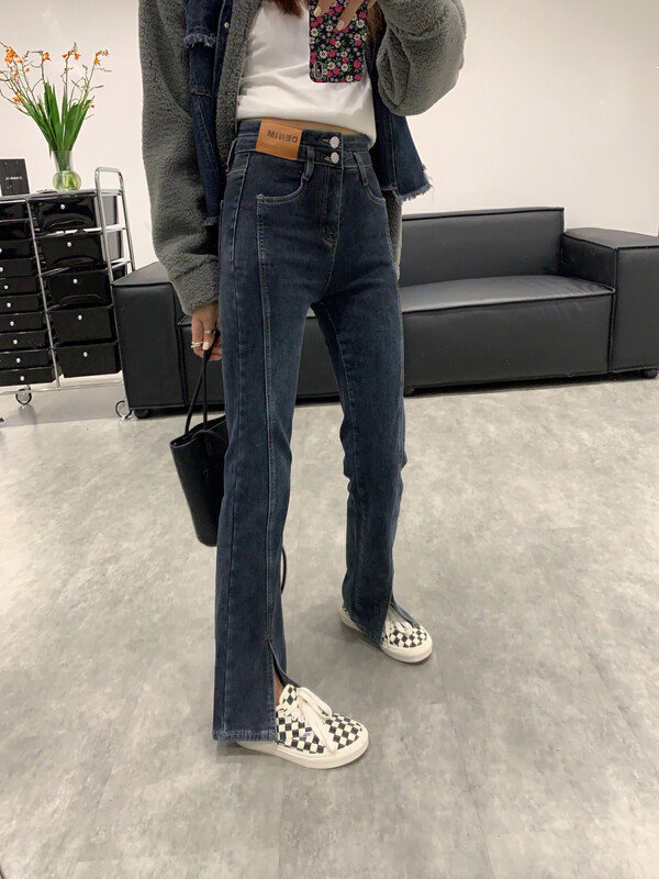 [VANESSA] high elastic double waist small straight slit jeans 8029# OZQ