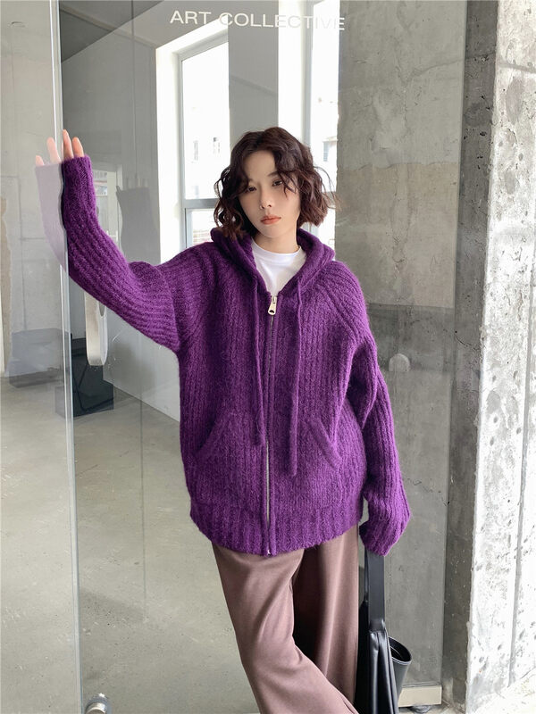 【DTU】Hooded Loose Zipper Cardigan Warm Sweater 33211# LSL