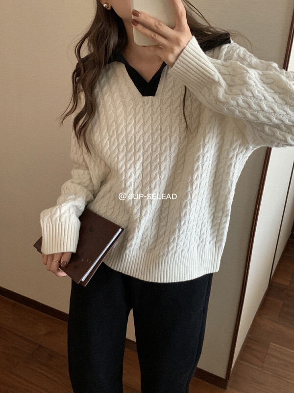 【6-UP】Korean style warm sweater with large lapel (32% wool) 69325# CQW