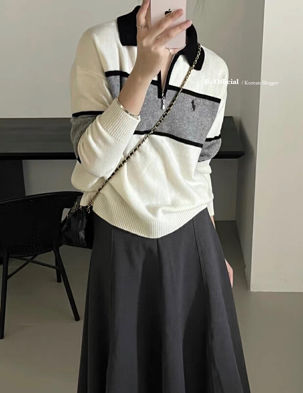 [B plus] the same style of Korean style embroidery contrast color splicing casual sweater 22-8476-2
