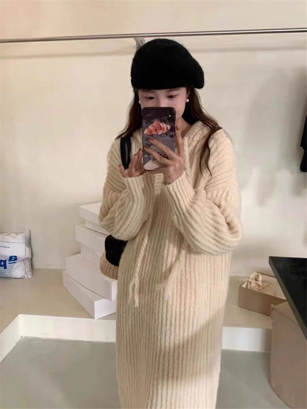 【ARE YOU】Solid color twist loose lazy wind long hooded dress 717# L