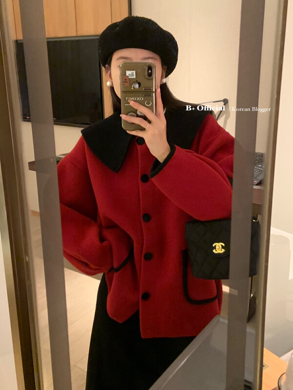 【B plus】Korean style simple and fresh age reduction thickened color contrast short coat 22-8568-2