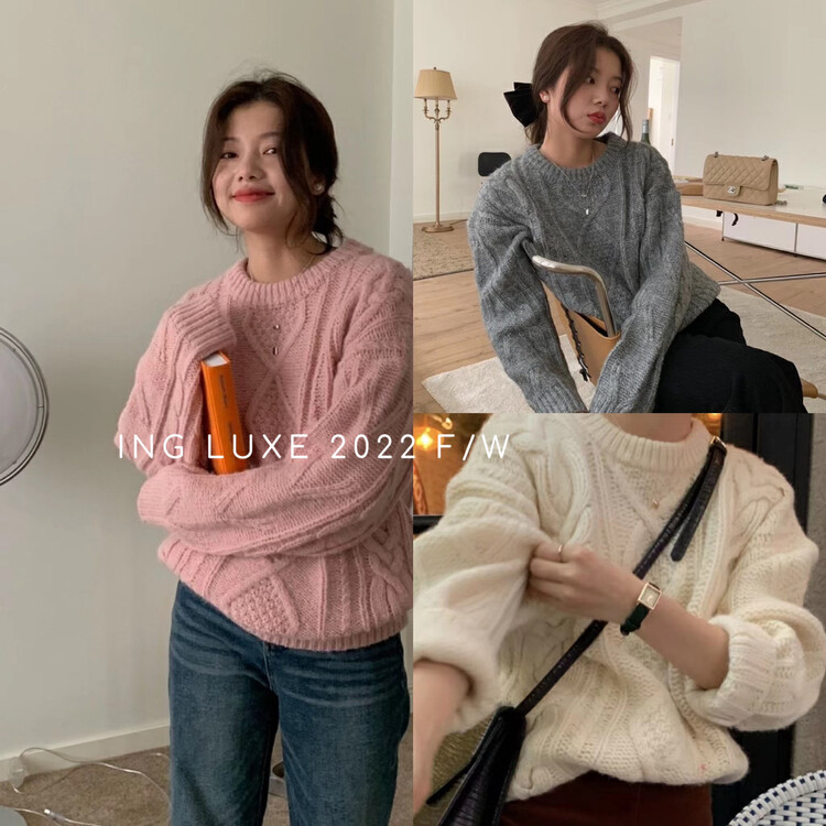 【ING】Korean girl lazy style round neck pullover knitted sweater w3998