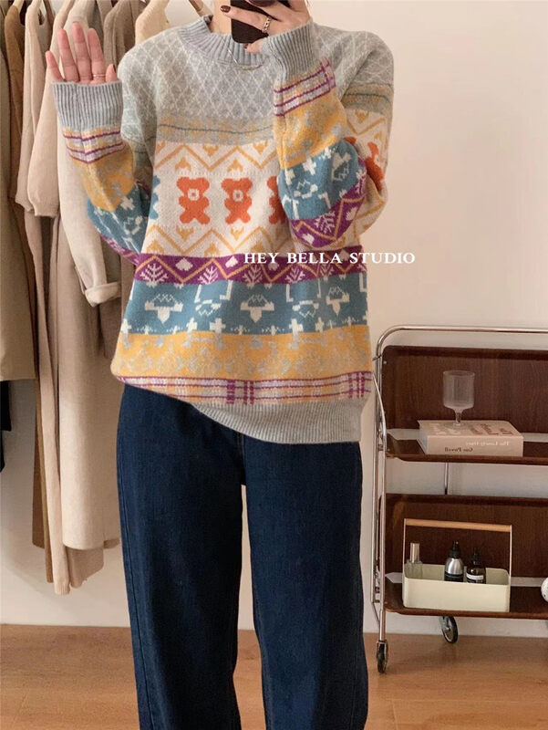 【HEY BELLA】Color matching comfortable all-match pullover warm sweater H5218# L