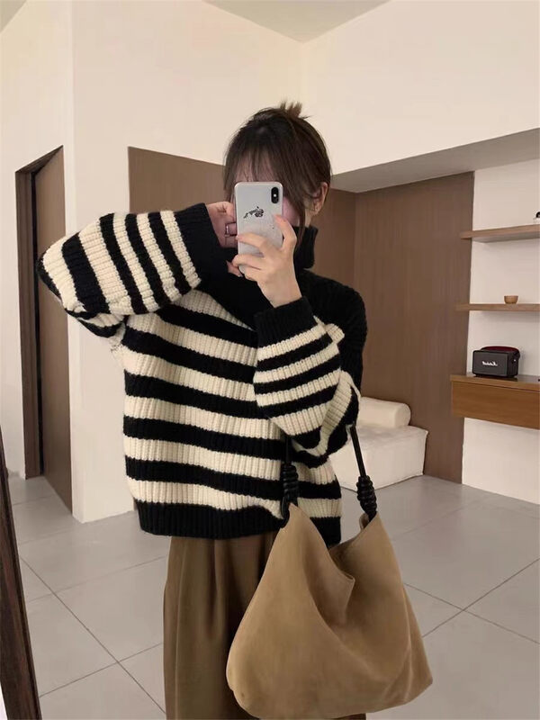 【ARE YOU】Loose striped comfortable and versatile warm sweater (with scarf) 731# L