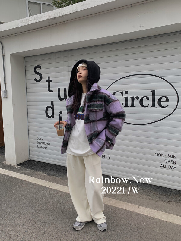 【RAINBOW】Winter New British Style Retro Contrast Color Plaid Hooded Short Jacket (Padded Wool Wool Jacket) 03038# FHX