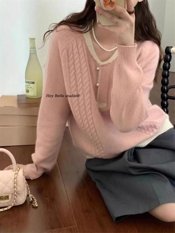 【HEY BELLA】V-neck color matching pullover comfortable warm sweater 9709-1# L