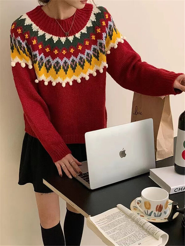 【ARE YOU】Round neck color matching comfortable pullover all-match warm sweater YS4-859# L