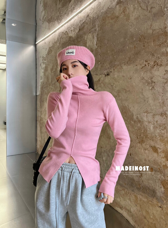 【Osha MADEINOST】Winter new high-necked slit small design sweater with 20% wool S7106