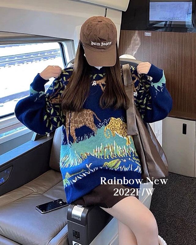 【RAINBOW】Retro Pattern Sweater Lazy Style Soft Waxy Pullover Top 0123-