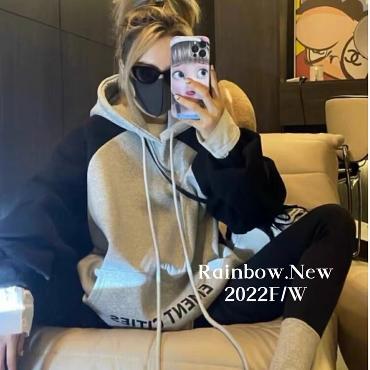 【RAINBOW】Designed niche hooded drawstring plus velvet sweater loose Korean letter printing hit color 08602