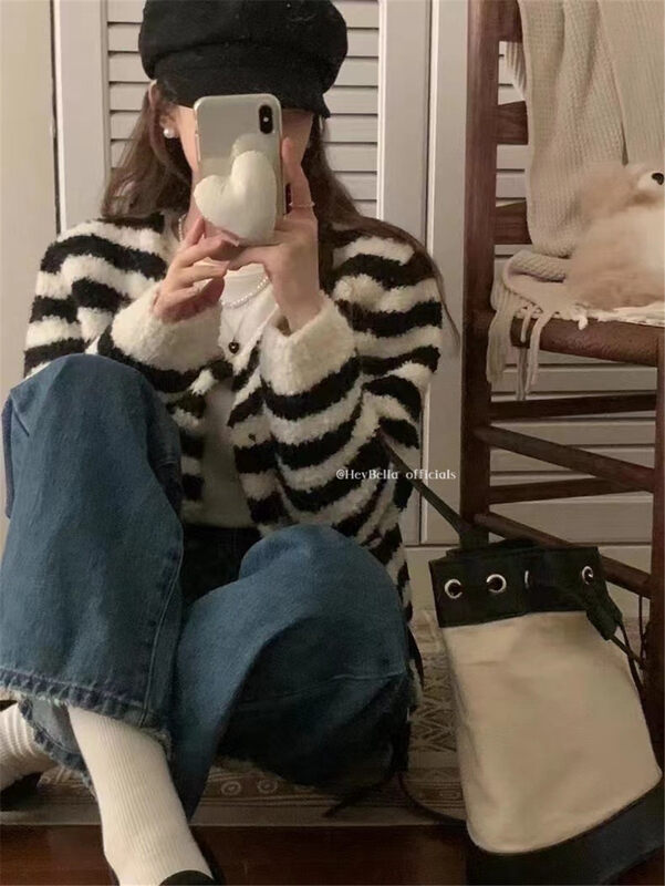 【HEY BELLA】Black striped double-breasted all-match knitted cardigan B9755# L