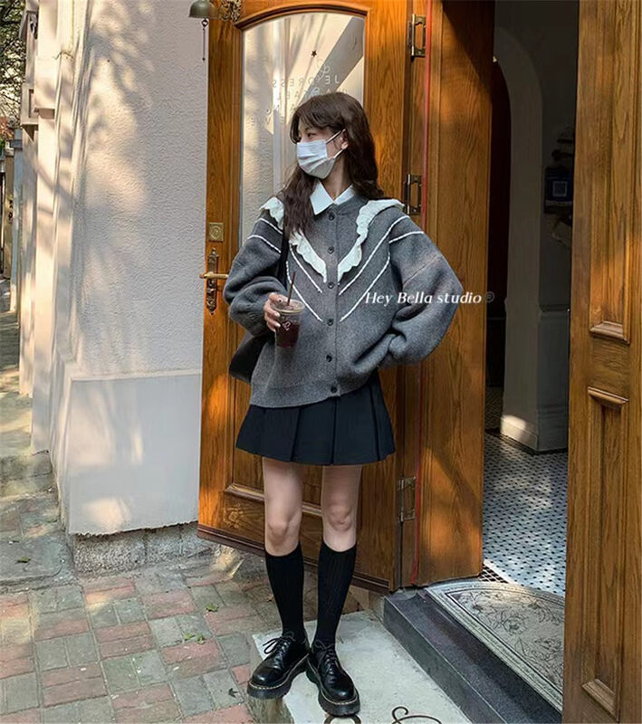 【HEY BELLA】Color matching single-breasted comfortable and versatile warm sweater B9960# L