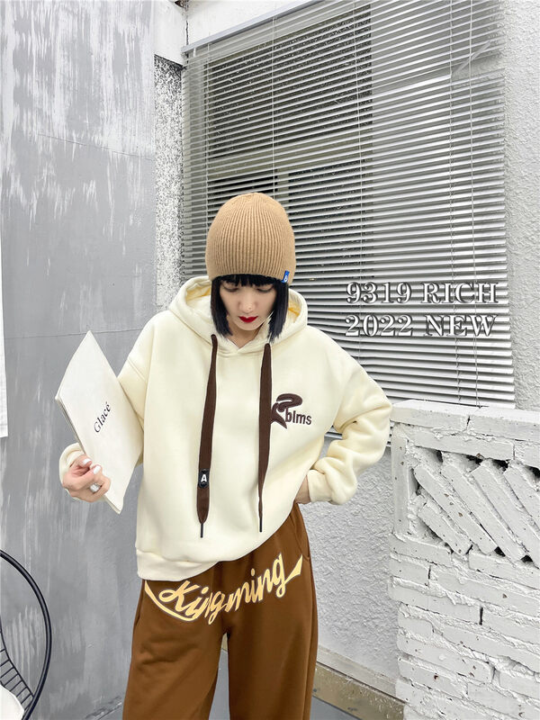 【9319】Hooded plus fleece color matching comfortable pullover sweater 19003# L