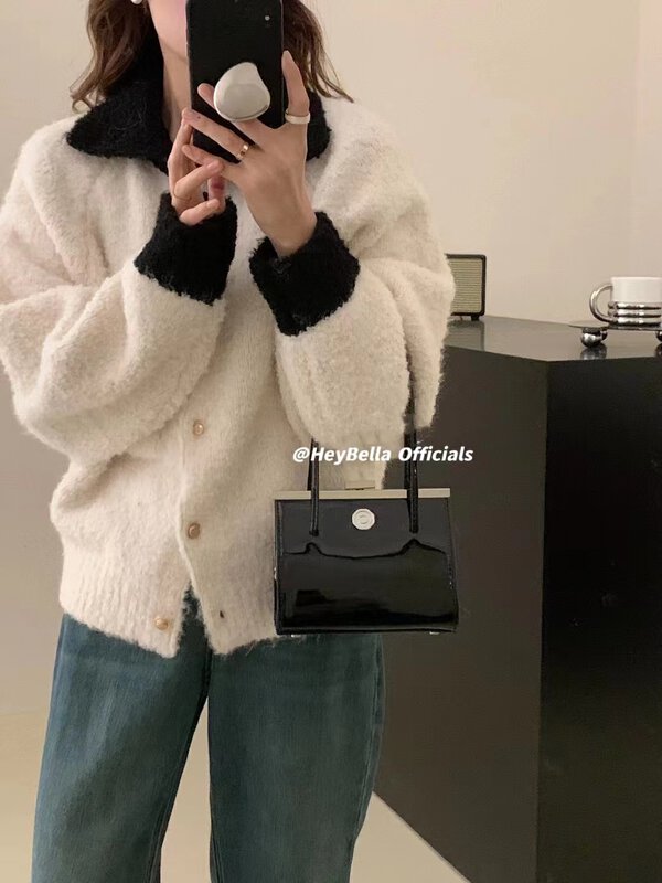 【HEY BELLA】Single-breasted color matching fashion all-match warm sweater B9935# L