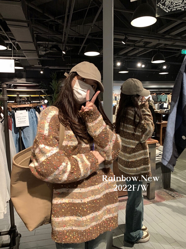 【RAINBOW】Autumn and winter Korean style simple retro striped round neck all-match sweater soft waxy wind furry sweater 0277