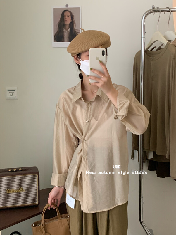 Original price 50.76! [U grain] Korean version of simple side button tencel shirt shirt only sells shirt 123