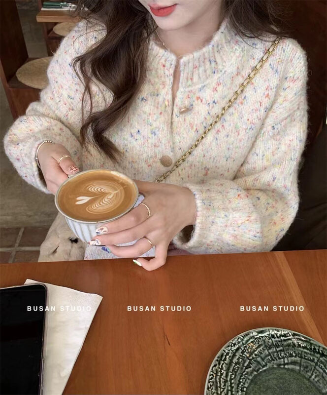 【ARE YOU】Single-breasted color matching loose comfortable warm sweater 833# L