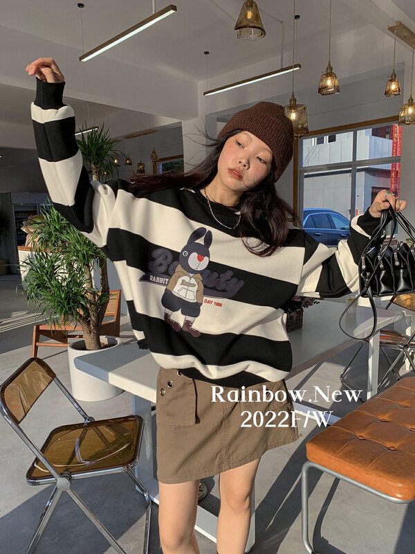 【RAINBOW】Striped Rabbit Fleece Sweater Color Matching Pullover Round Neck 08578