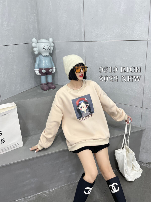 【9319】Comfortable sweater with round neck pattern printing plus fleece 66009# L