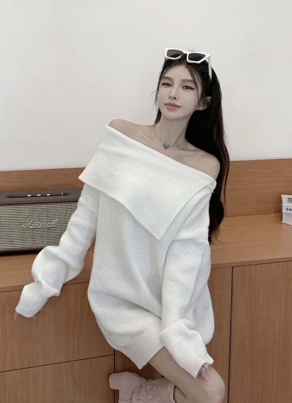 【JH】Internet celebrity one-shoulder sweater dress (without belt) 43345# PCZ