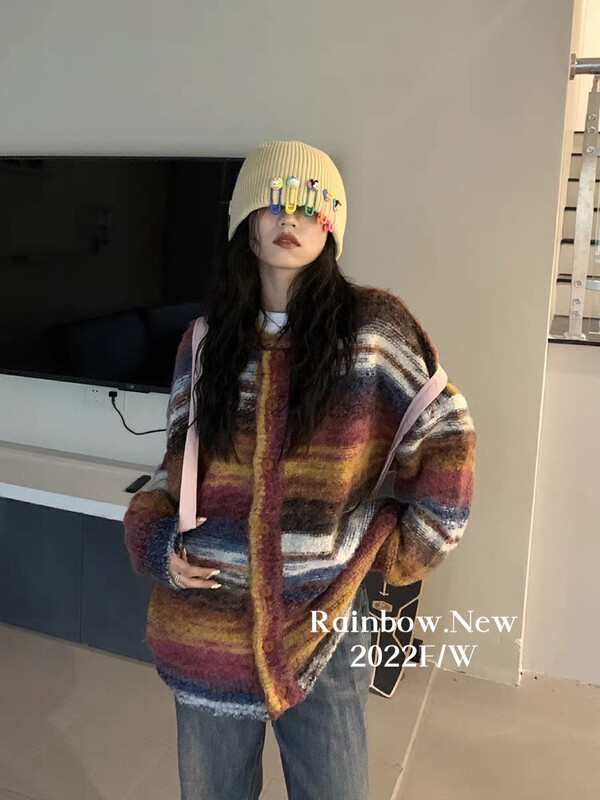 【RAINBOW】Retro color smudged gradient cardigan warm sweater (loose niche design knitting) 700-# FHX