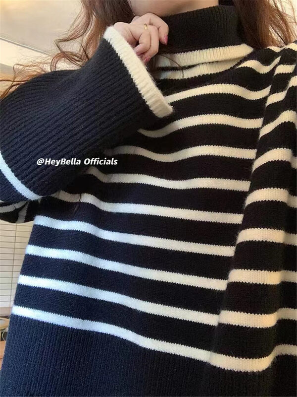【HEY BELLA】High collar striped comfortable all-match pullover warm sweater B9968# L