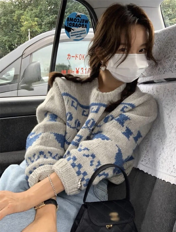 【ARE YOU】Comfortable and warm sweater with round neck color block pullover 786# L