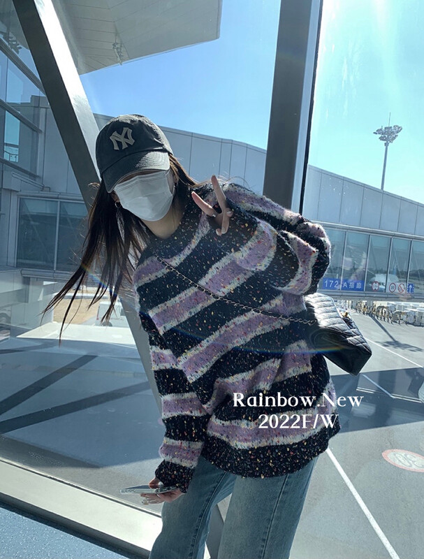 【RAINBOW】Autumn and winter Korean style simple retro striped round neck all-match warm sweater (soft and waxy style furry sweater) YS1-0277# FHX