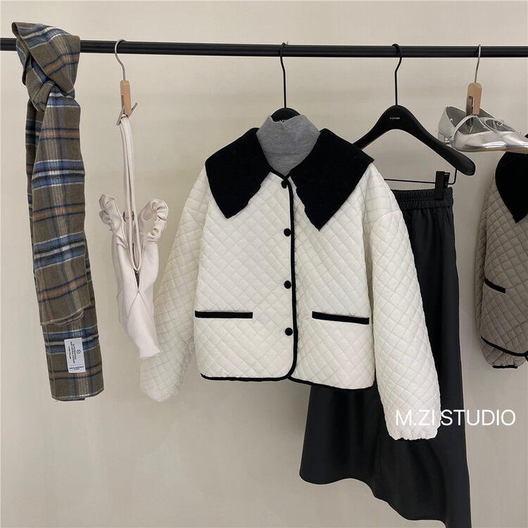Original price 146.51! 【M.ZI STUDIO】Doll Collar Contrasting Color Breasted Warm Cotton Coat YS1-12121# HBX