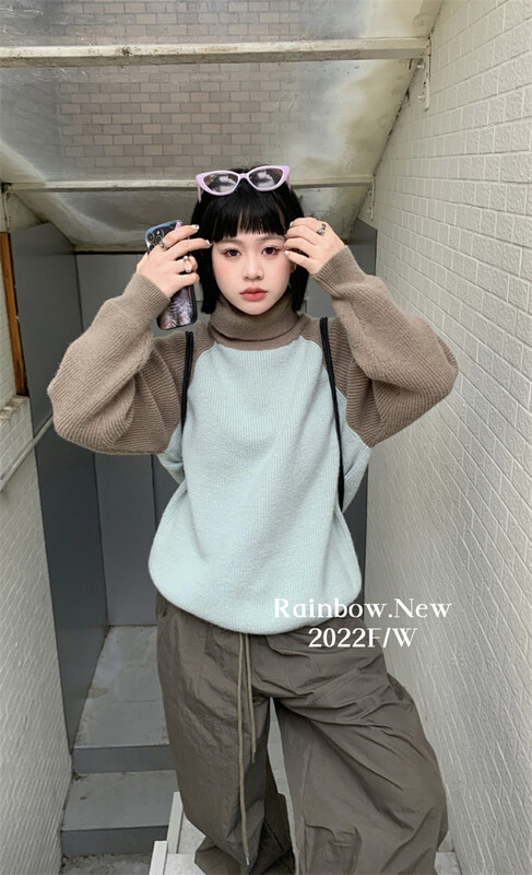 【RAINBOW】High collar contrast color raglan sleeve sweater 0276