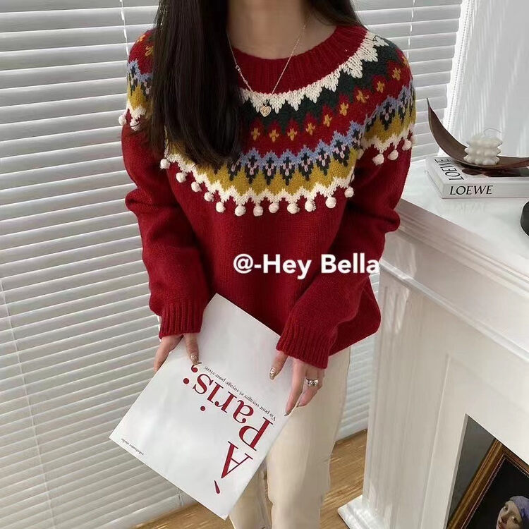 【HEY BELLA】Roundneck color contrast foreign style fashion warm sweater YS1-B5399# L