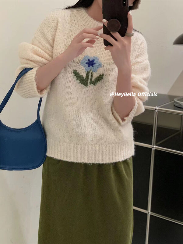 [HEY BELLA] heavy industry embroidery comfortable and versatile warm sweater B9832# L