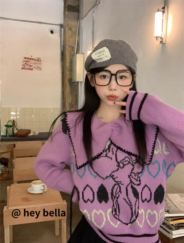 【HEY BELLA】Large lapel color matching comfortable and versatile warm sweater B5737# L