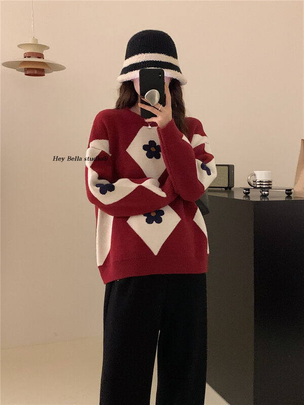 【HEY BELLA】Lingge flower fashion all-match warm sweater B9796# L