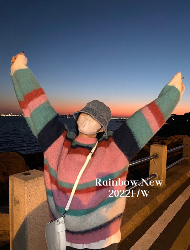 【RAINBOW】Color-contrasting stripe lazy style warm sweater (retro loose round neck pullover knit) 0286# FHX