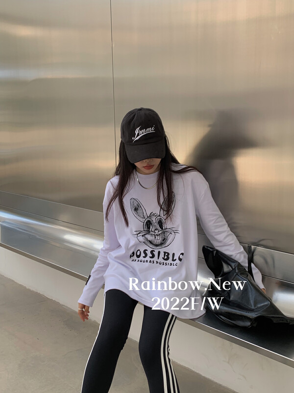 【RAINBOW】Rabbit brushed western style long-sleeved T-shirt round neck loose T-shirt 66006-