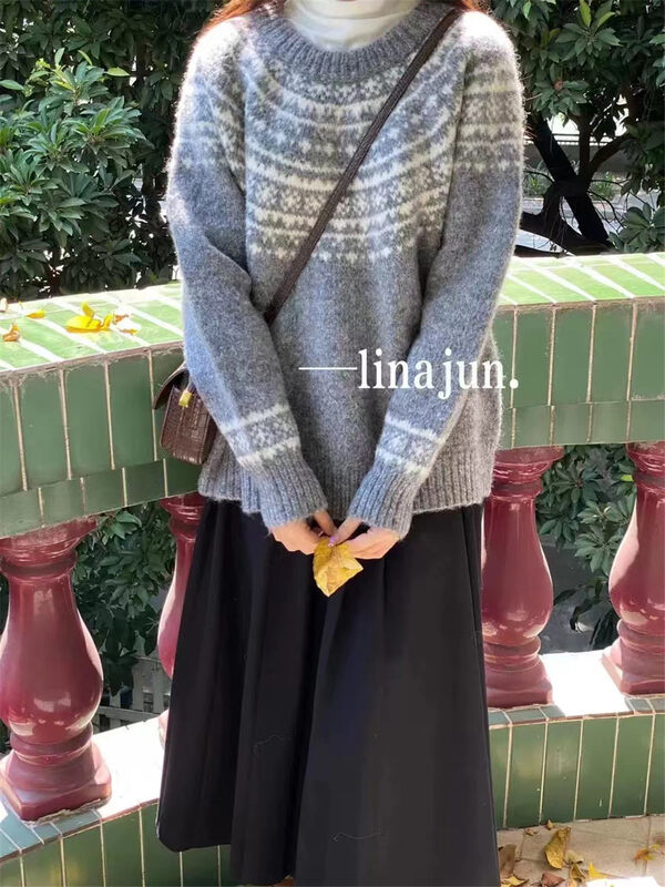 【ARE YOU】Comfortable and warm sweater with round neck color block pullover YS10-832# L