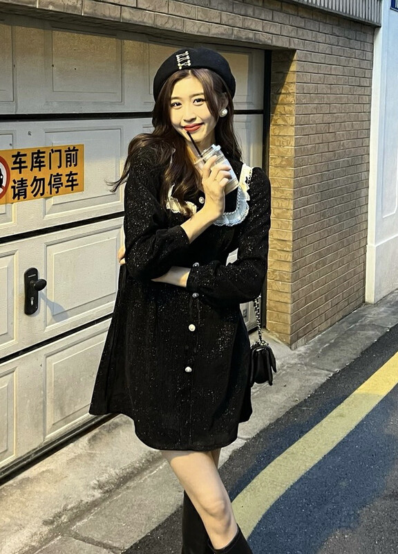 【JH】Xiaoxiang gold silk chenille contrast color puff sleeve dress 43366# PCZ