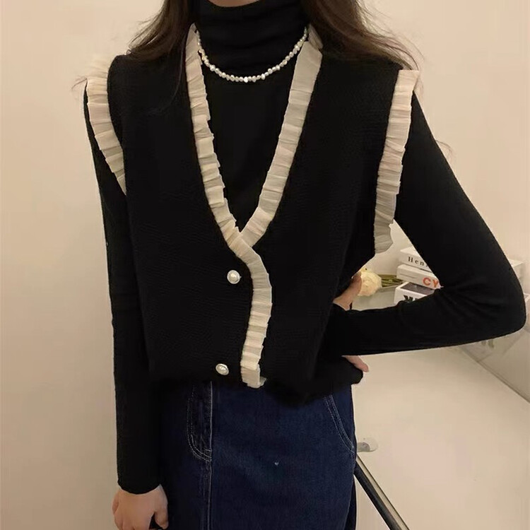 [Blue Show] Korean version stitching lace all-match knitted vest (only sell vest) 07821# LSW