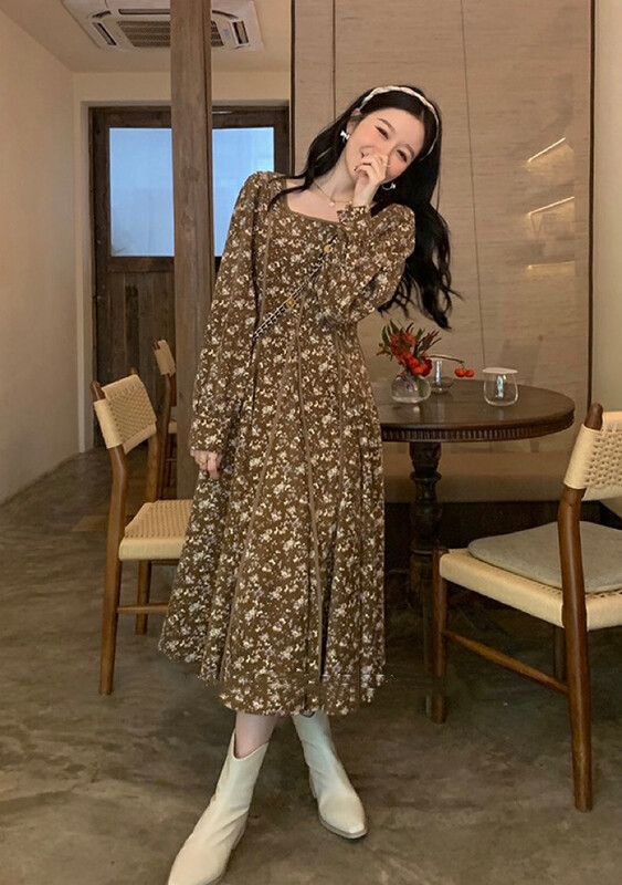 【JH】French retro floral square collar lantern sleeve dress 43337# PCZ