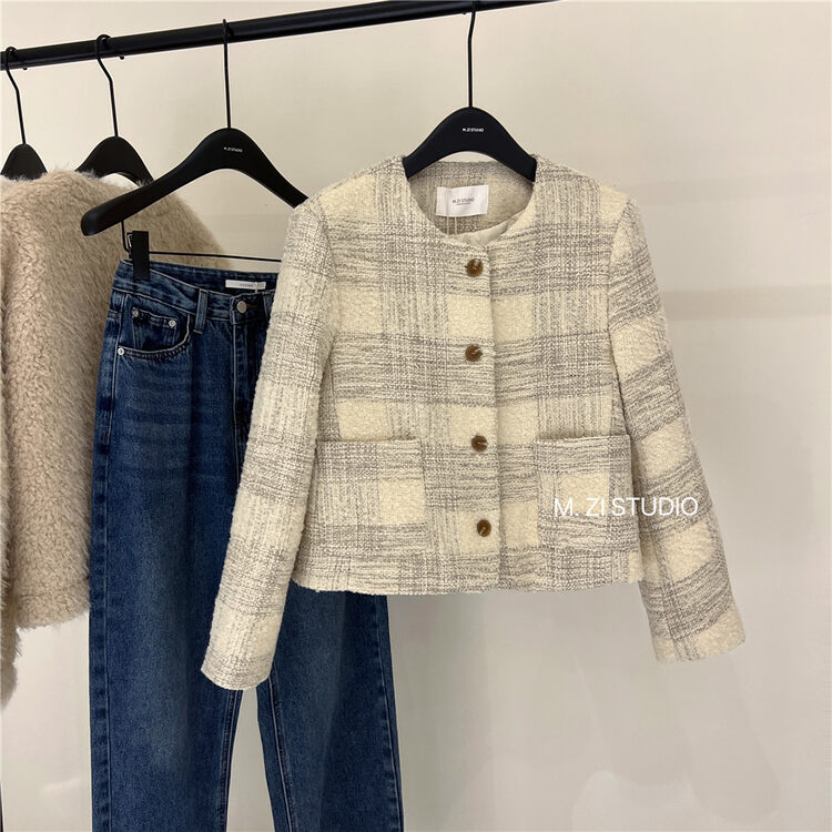【M.ZI STUDIO】Round neck retro plaid quilted short jacket 12162# HBX