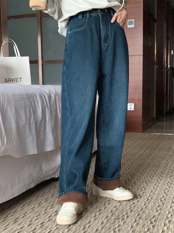 【MEET ME】High-waisted wide-leg plus velvet comfortable all-match jeans (only sell pants) 61592# L
