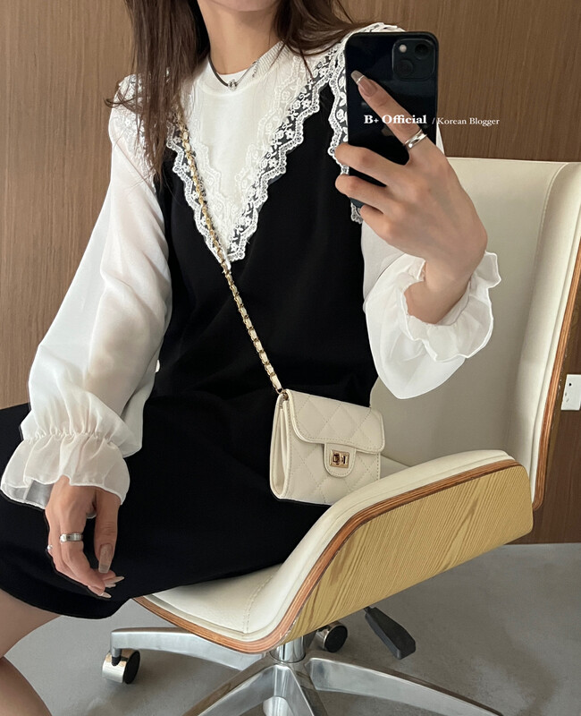 [B plus] early autumn fresh and elegant little woman lace stitching dress 22-8211-2