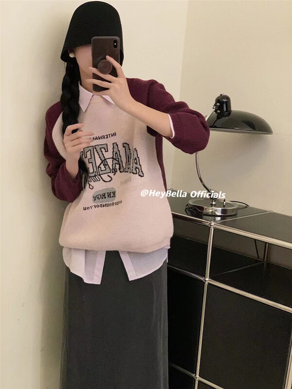 【HEY BELLA】Comfortable and warm sweater with round neck color block pullover B9801# L